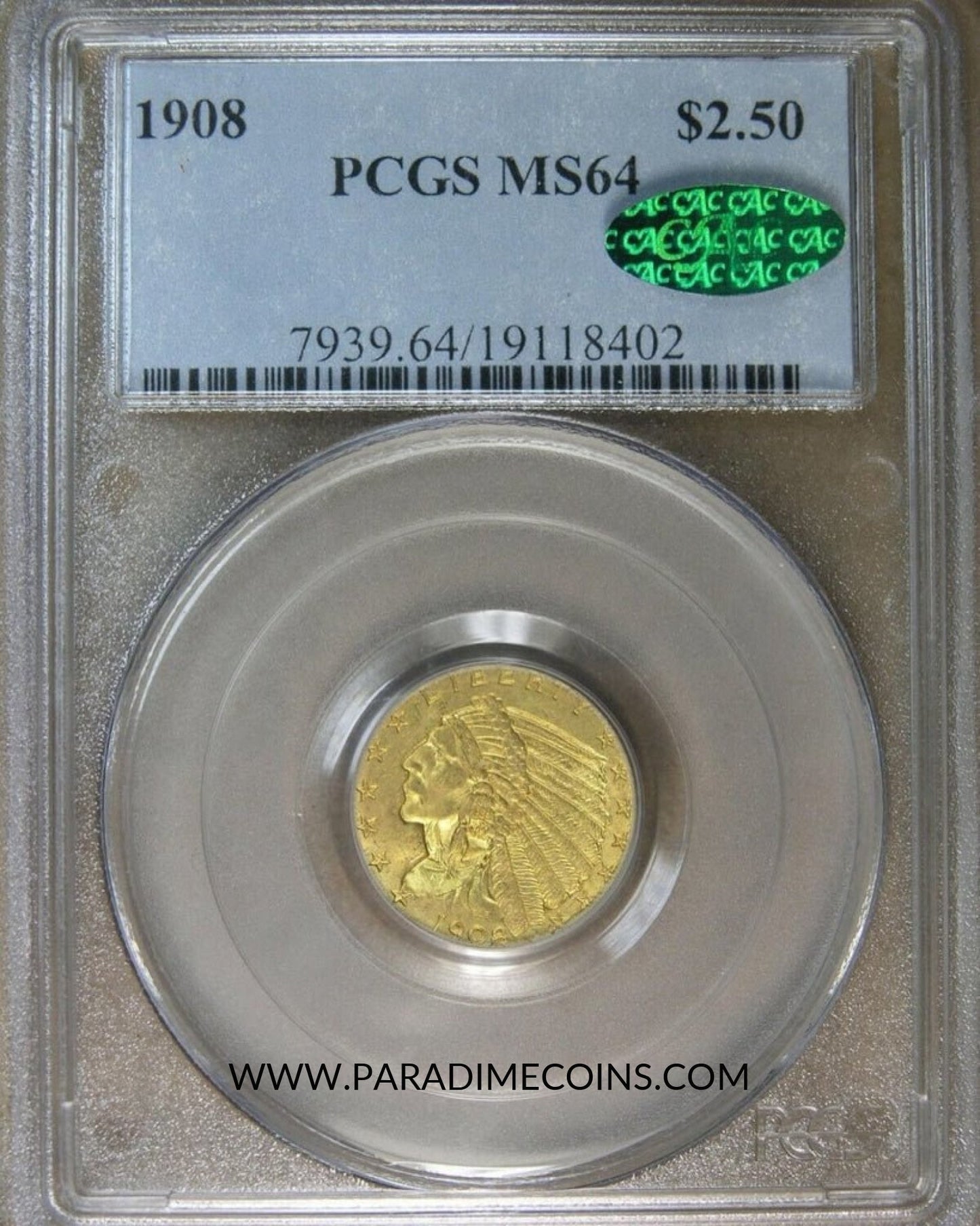 1908 $2.5 MS64 PCGS CAC. - Paradime Coins | PCGS NGC CACG CAC Rare US Numismatic Coins For Sale