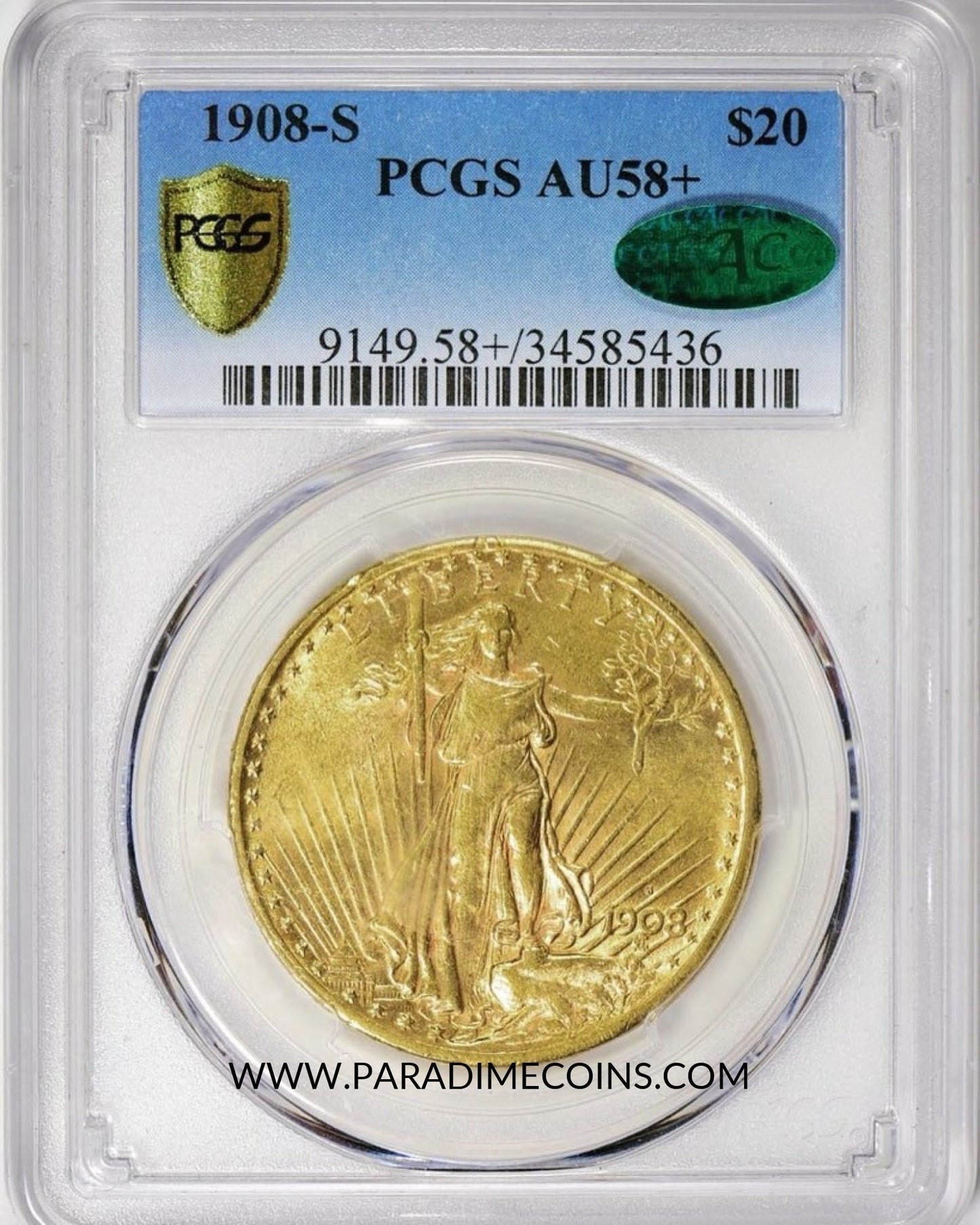 1908-S $20 AU58+ PCGS CAC - Paradime Coins | PCGS NGC CACG CAC Rare US Numismatic Coins For Sale
