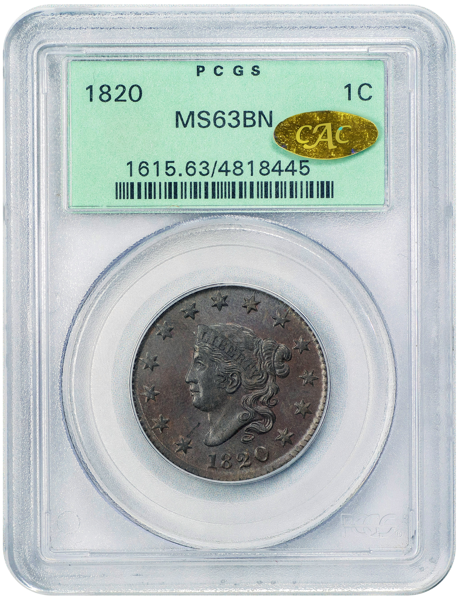1820 1C SMALL DATE Coronet Head Cent MS63 BN OGH PCGS GOLD CAC HOLDER WITH GOLD CAC STICKER