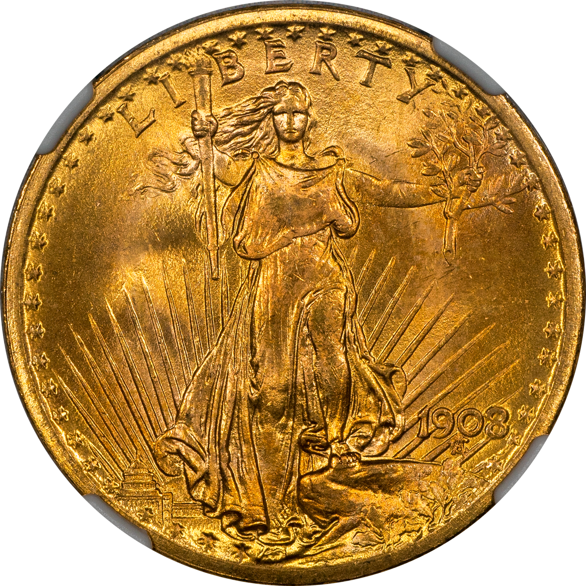 1908 $20 NO MOTTO MS67+ NGC