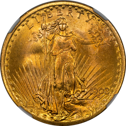 1908 $20 NO MOTTO MS67+ NGC