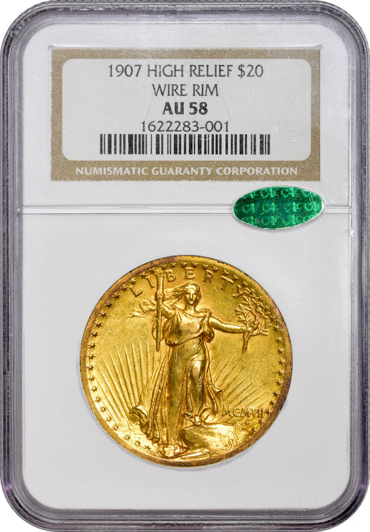 1907 $20 HIGH RELIEF WIRE EDGE AU58 NGC CAC