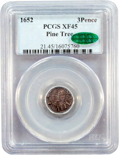 1652 3P THREEPENCE PINE TREE XF45 PCGS CAC  HOLDER WITH CAC GREEN STICKER