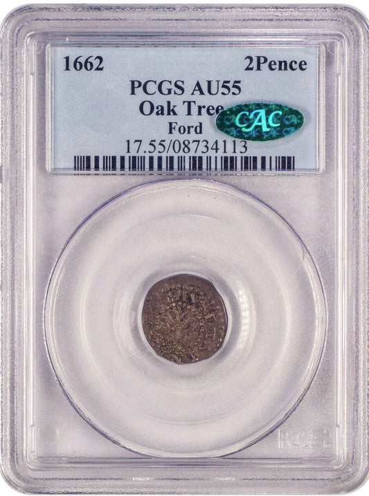 1662 2PENCE OAK TREE AU55 PCGS CAC EX FORD HOLDER WITH GREEN CAC STICKER 