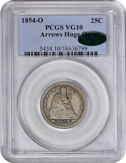 1854-O 25C HUGE O VG10 PCGS CAC