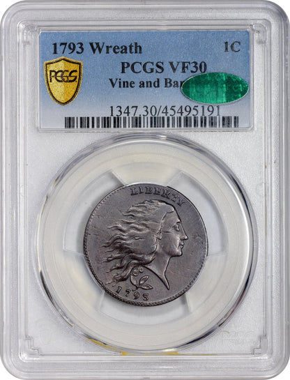 1793 1C Wreath Vine & Bars Vf30 Pcgs Cac