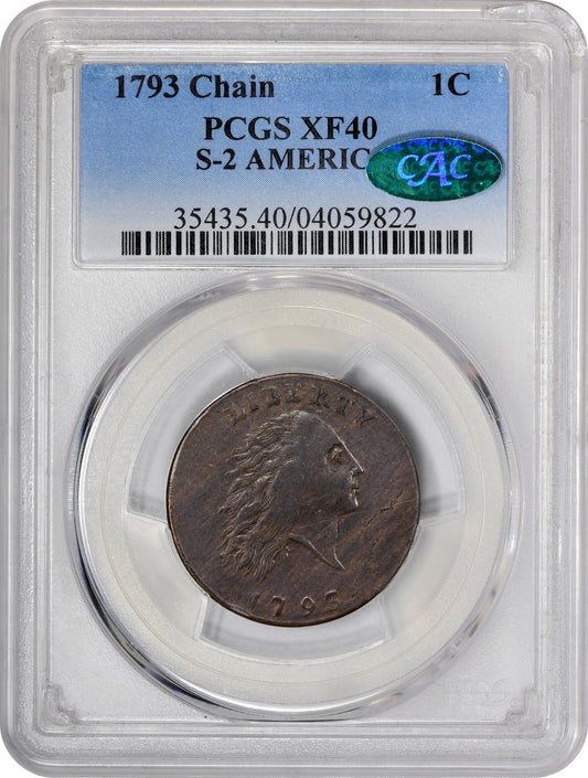 1793 1C CHAIN AMERICA XF40 PCGS CAC HOLDER WITH GREEN CAC STICKER 