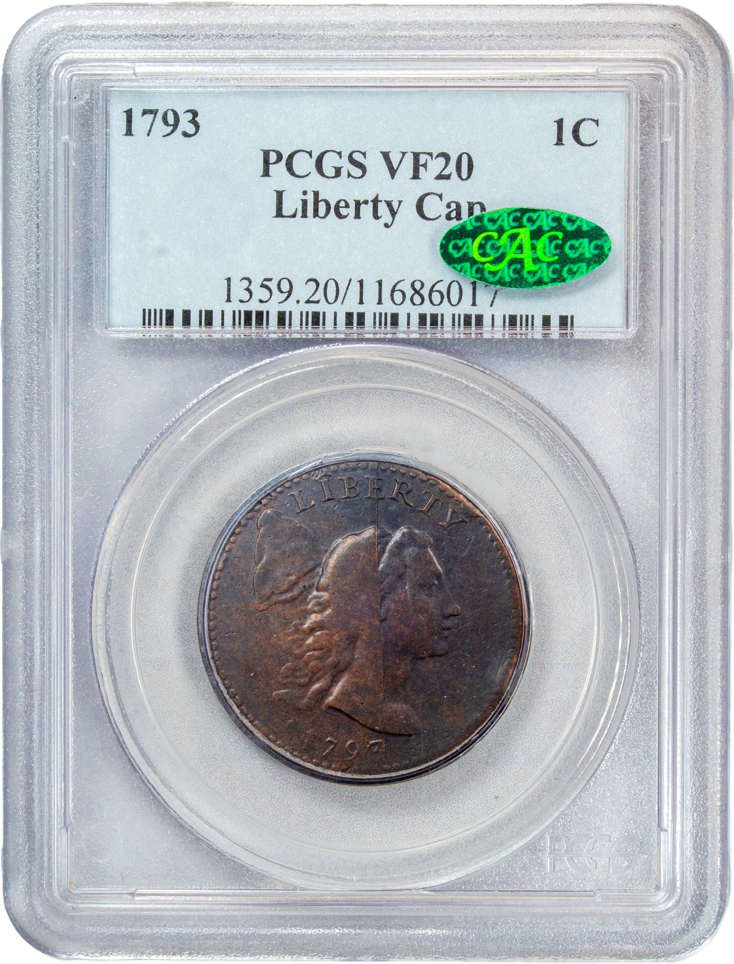 1793 1C LIBERTY CAP VF20 PCGS CAC HOLDER WITH GREEN CAC STICKER