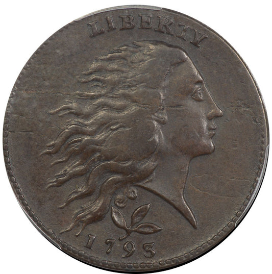 1793 Flowing Hair Wreath Cent 1C WREATH VINES & BARS VF30 PCGS CAC