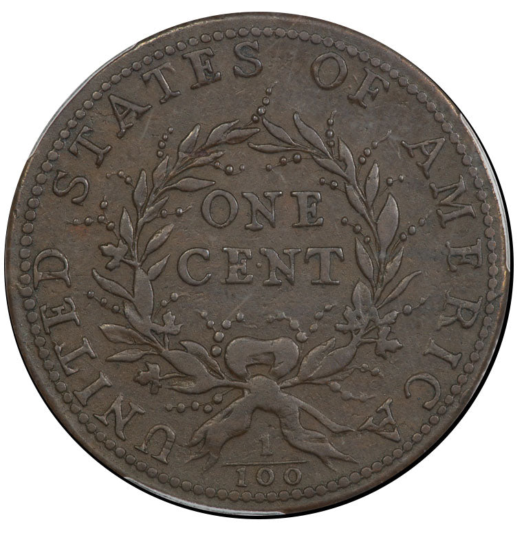 1793 Flowing Hair Wreath Cent 1C WREATH VINES & BARS VF30 PCGS CAC Reverse
