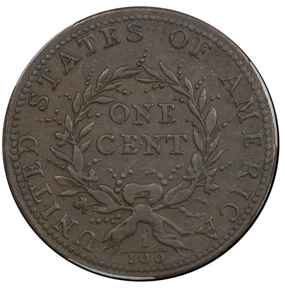 1793 Flowing Hair Wreath Cent 1C WREATH VINES & BARS VF30 PCGS CAC Reverse