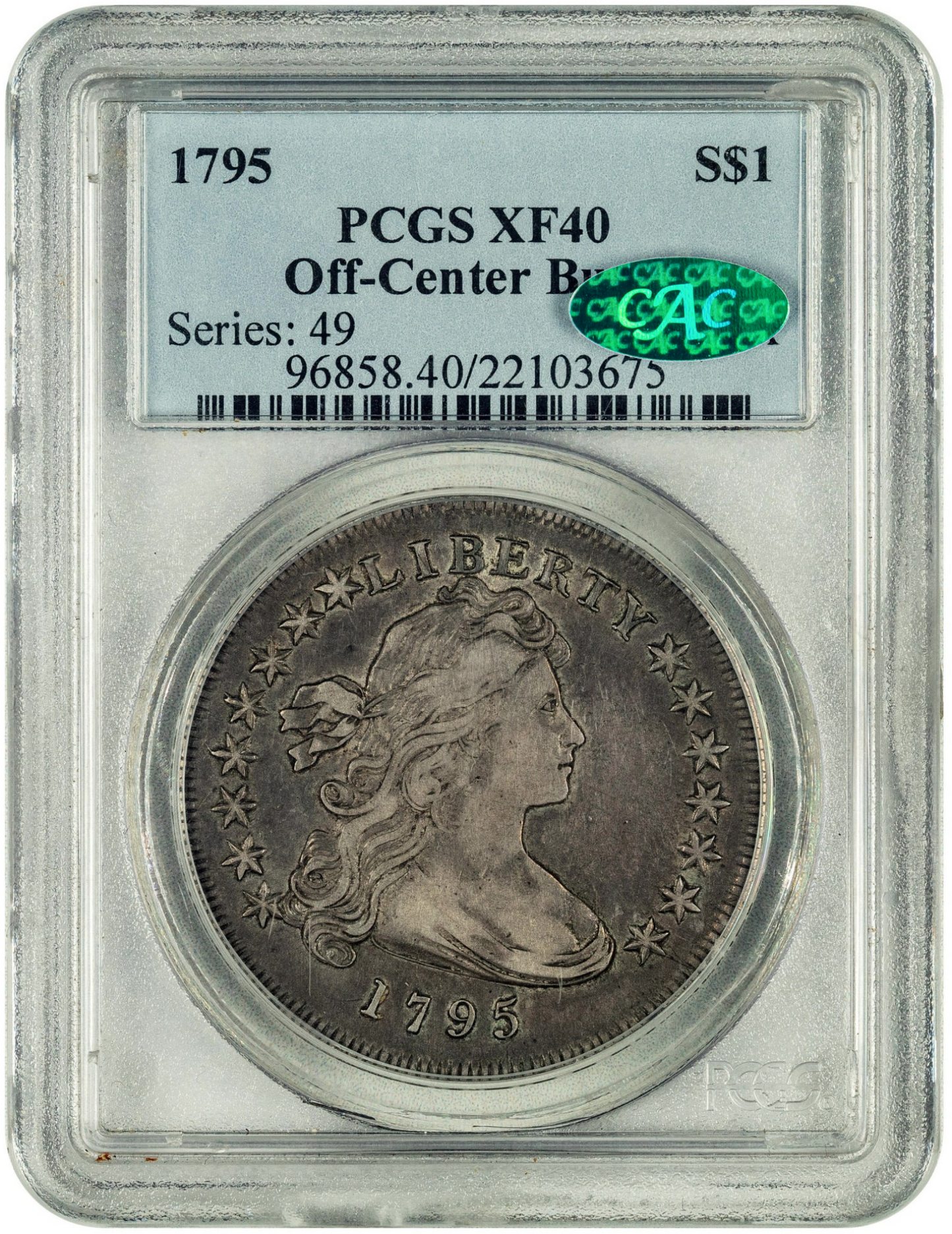 1795 $1 DRAPED BUST OFF-CENTER XF40 PCGS CAC HOLDER WITH GREEN CAC STICKER