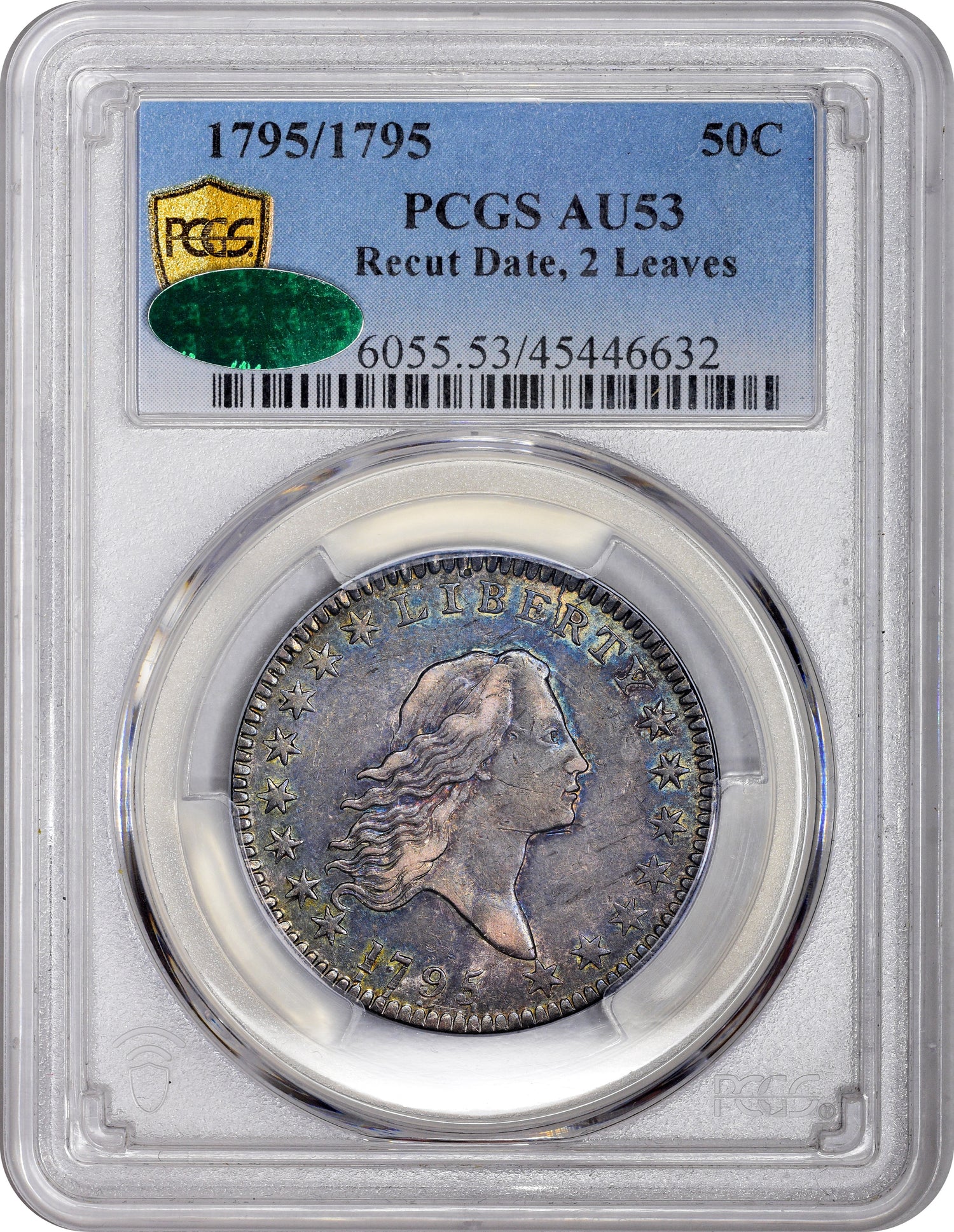 1795/1795 50C RECUT DATE 2 LEAVES AU53 PCGS CAC HOLDER WITH CAC GREEN STICKER