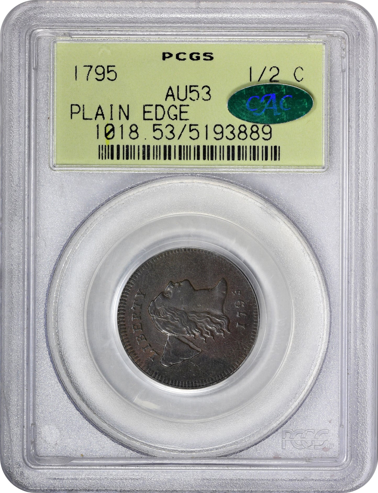 1795 1/2C PLAIN EDGE NO POLE AU53 OGH PCGS CAC HOLDER