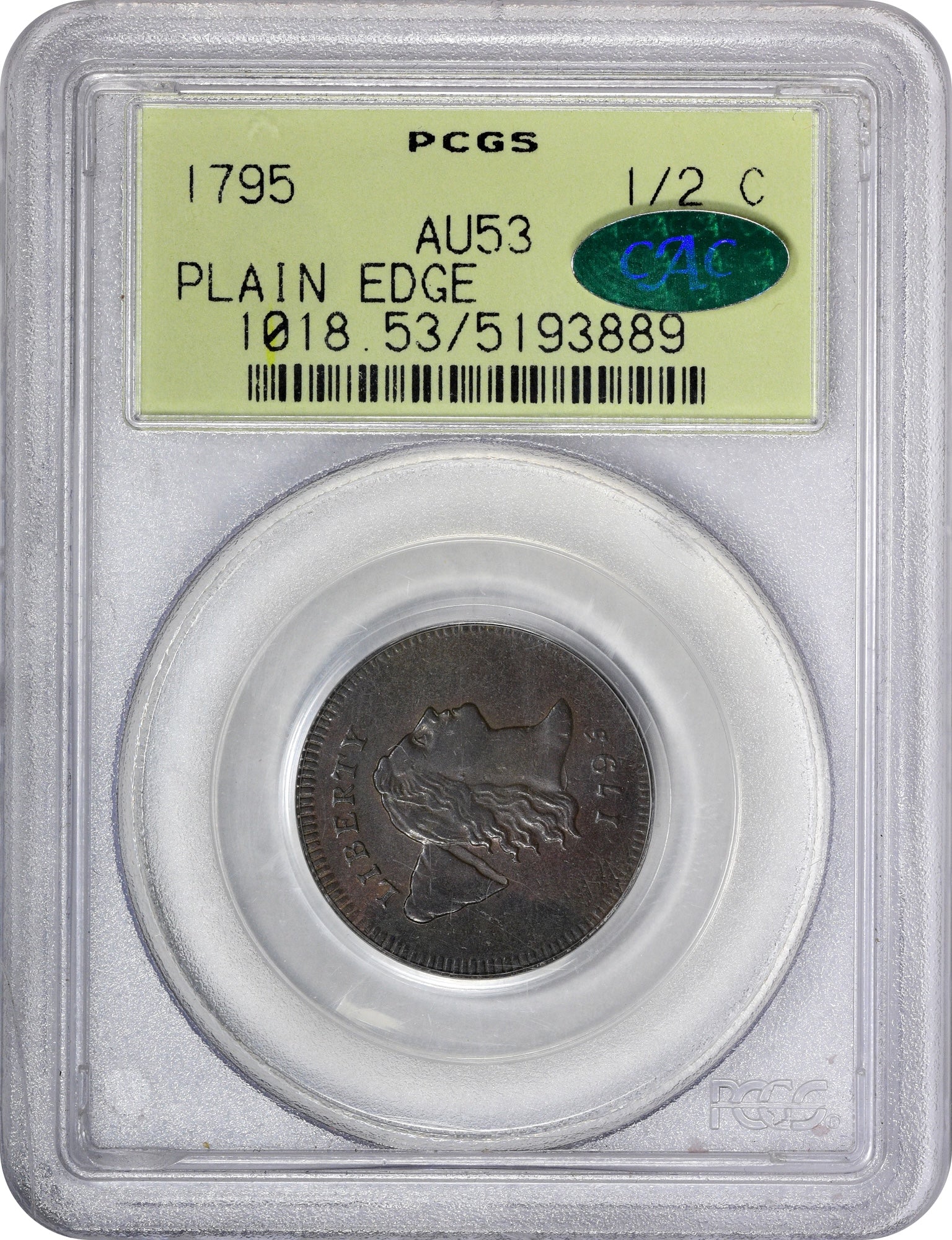 1795 1/2C PLAIN EDGE NO POLE AU53 OGH PCGS CAC HOLDER