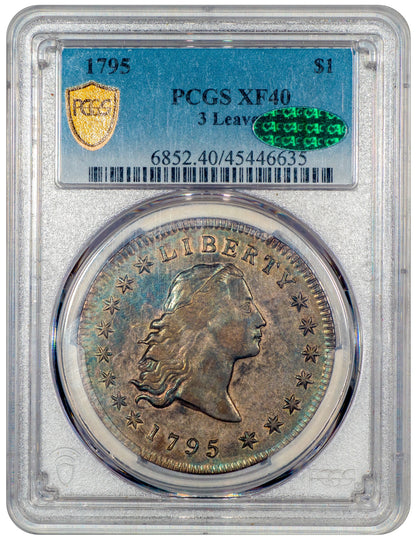 1795 $1 FLOWING HAIR DOLLAR 3 LEAVES XF40 PCGS CAC Holder With Green CAC Sticker