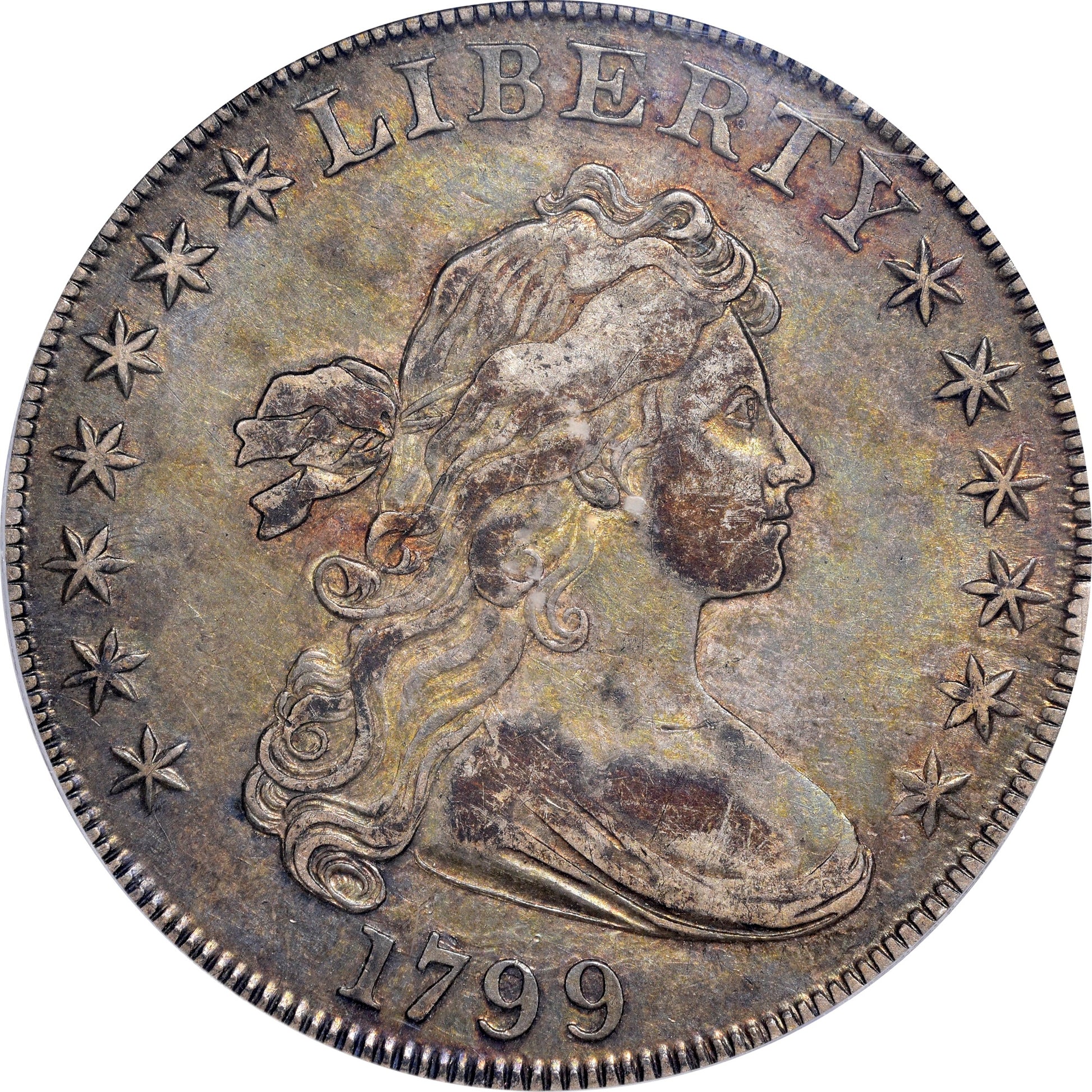 A 1799 Draped Bust Silver Dollar with Liberty's profile on the obverse and an eagle reverse design, graded VF35 by PCGS and approved by CAC.
