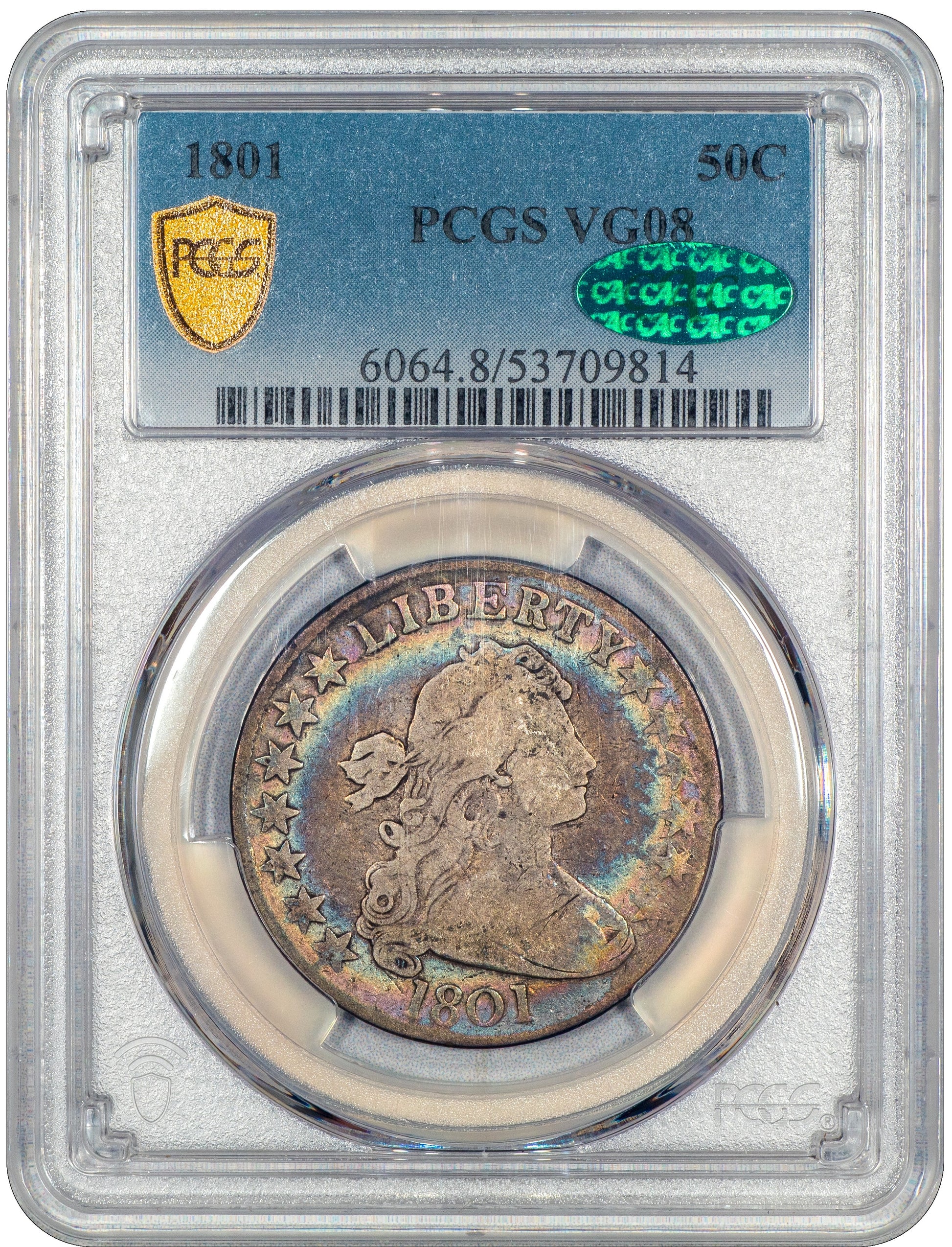 1801 50C DRAPED BUST HALF DOLLAR VG08 PCGS CAC HOLDER WITH GREEN CAC STICKER