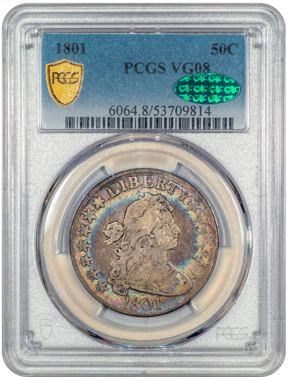 1801 50C DRAPED BUST HALF DOLLAR VG08 PCGS CAC HOLDER WITH GREEN CAC STICKER