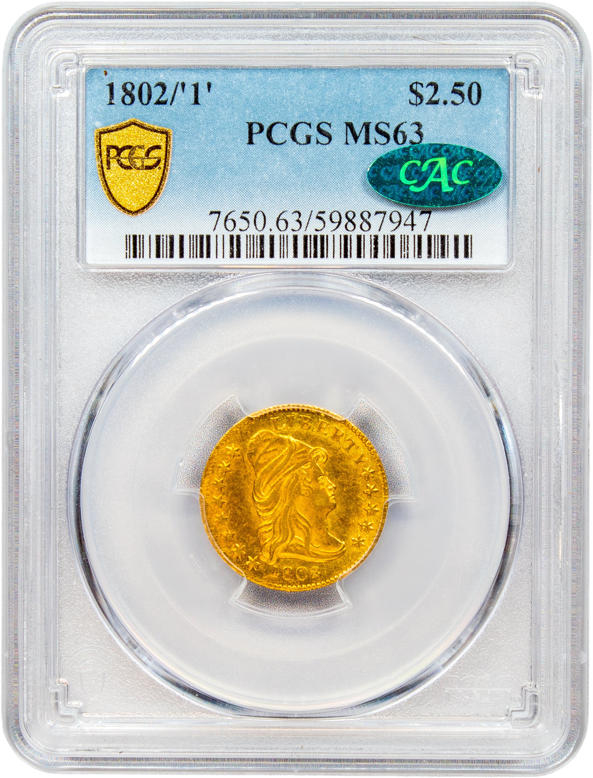 1802/'1' $2.5 MS63 PCGS CAC HOLDER WITH GREEN CAC STICKER