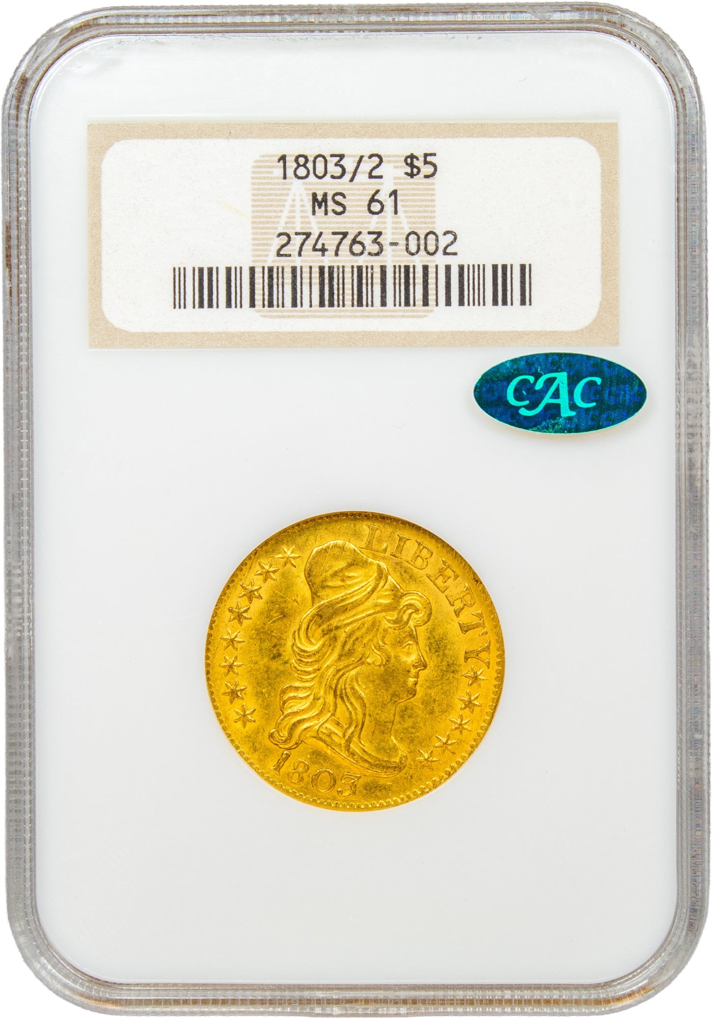 1803/2 $5 MS61 NGC OH CAC HOLDER WITH CAC GREEN STICKER