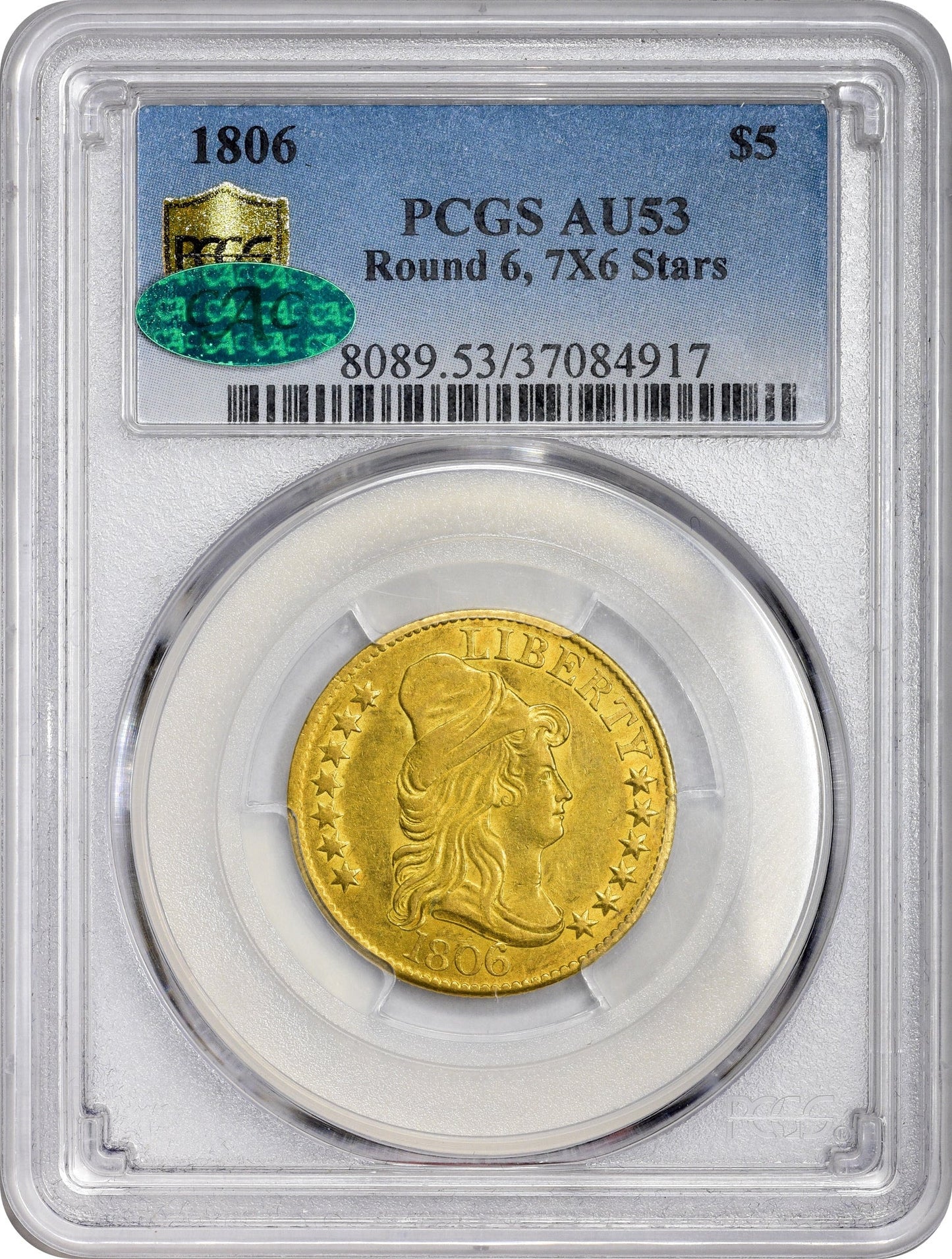 1806 $5 Knobbed 6 7X6 Stars Au53 Pcgs Cac