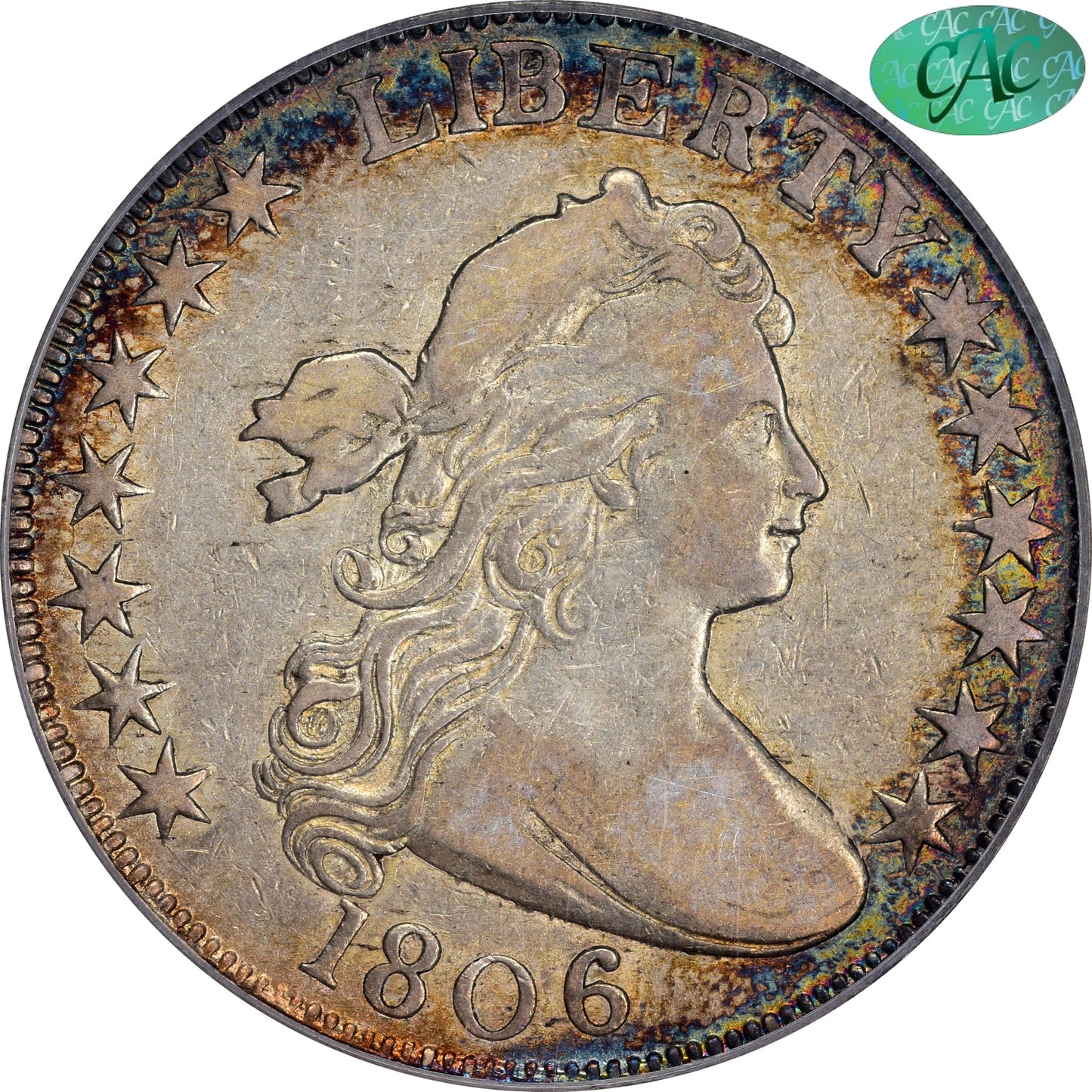 1806 50C KNOB 6 LARGE STARS VF30 PCGS CAC 50C