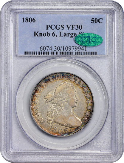 1806 50C KNOB 6 LARGE STARS VF30 PCGS CAC 50C