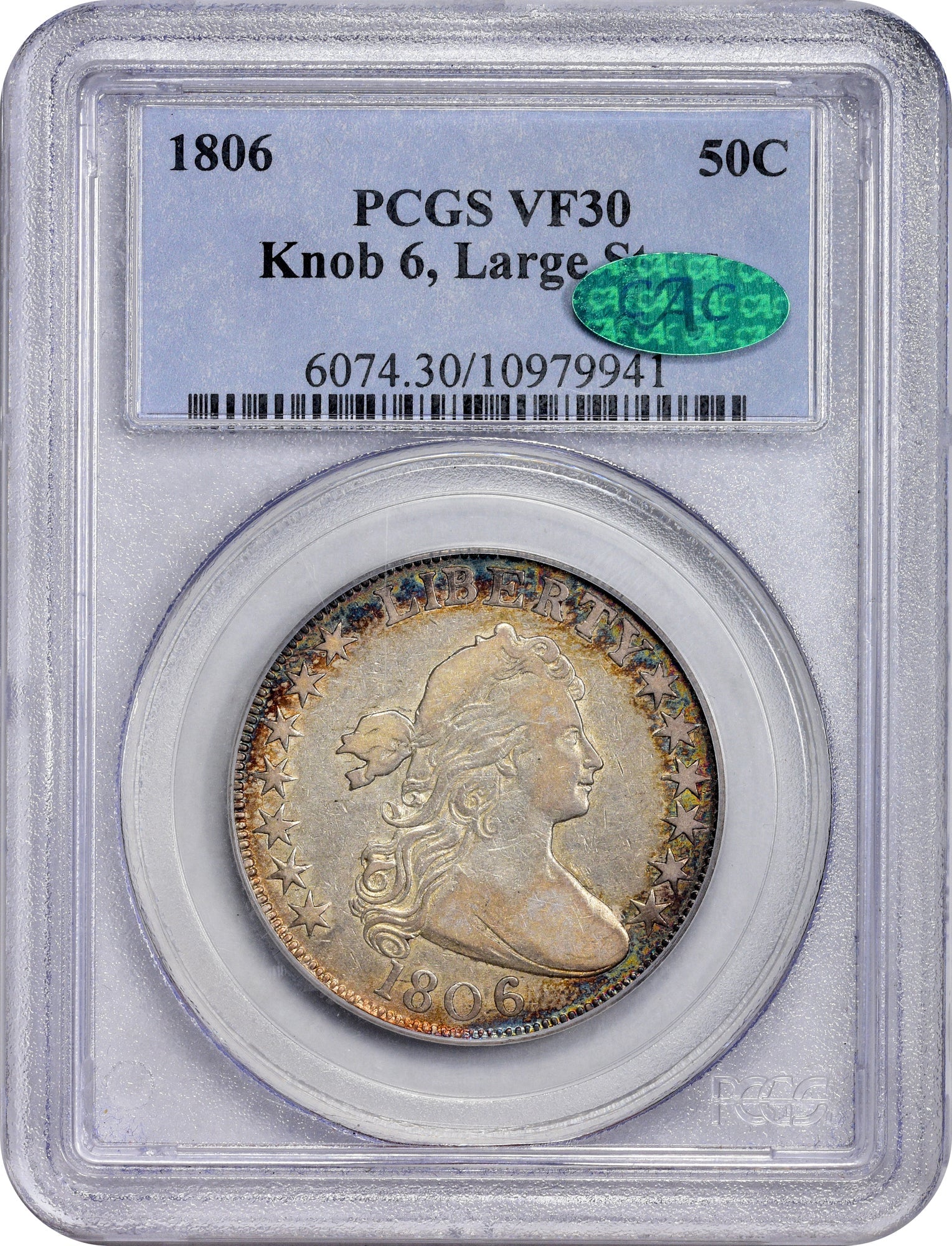 1806 50C KNOB 6 LARGE STARS VF30 PCGS CAC HOLDER WITH CAC