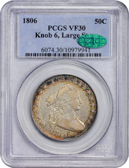 1806 50C KNOB 6 LARGE STARS VF30 PCGS CAC HOLDER WITH CAC