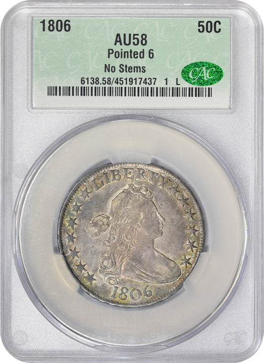 1806 50C POINTED 6 NO STEM AU58 CACG HOLDER