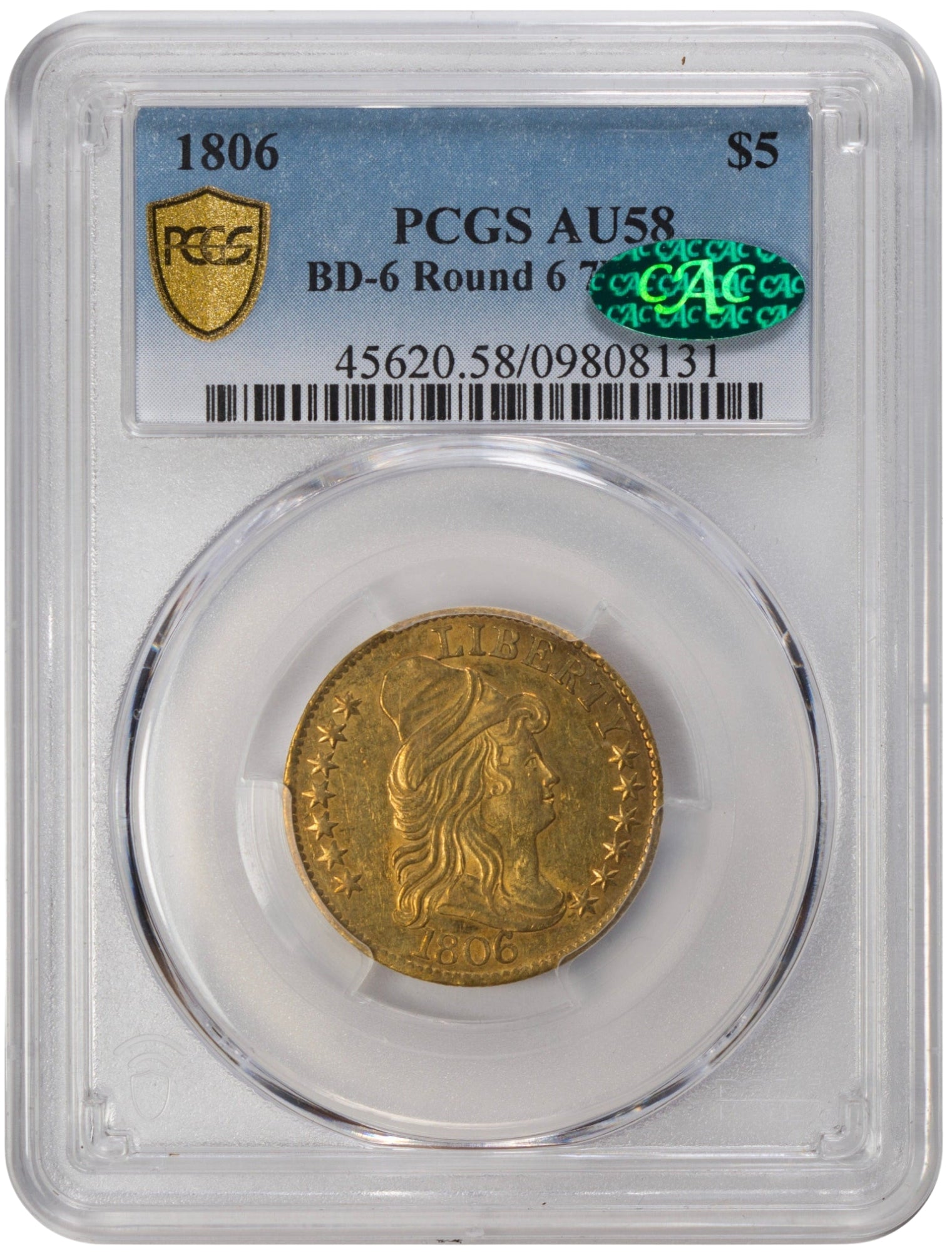 1806 $5 KNOBBED 7X6 STARS AU58 PCGS CAC HOLDER WITH GREEN CAC STICKER