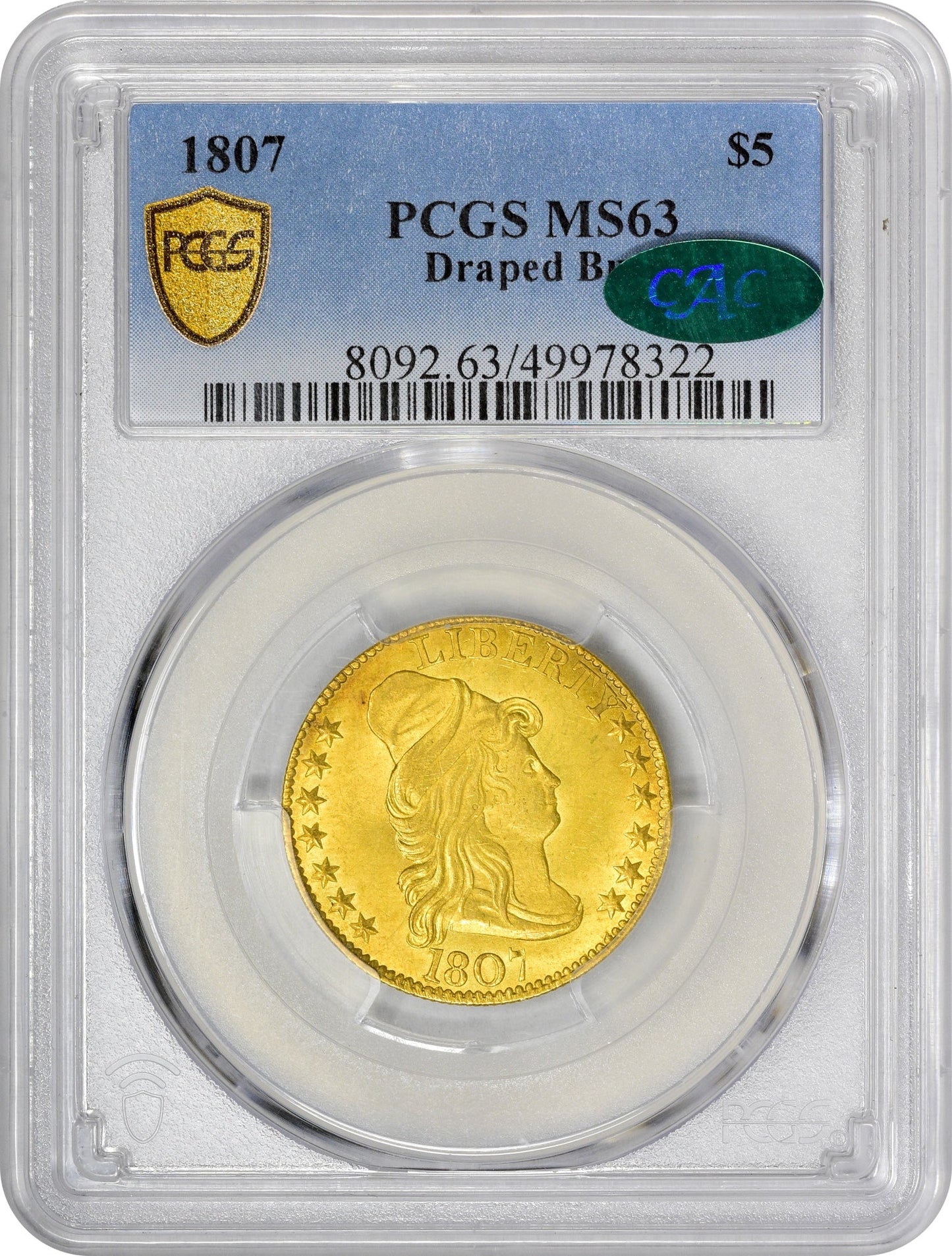 1807 Draped Bust $5 Ms63 Pcgs Cac