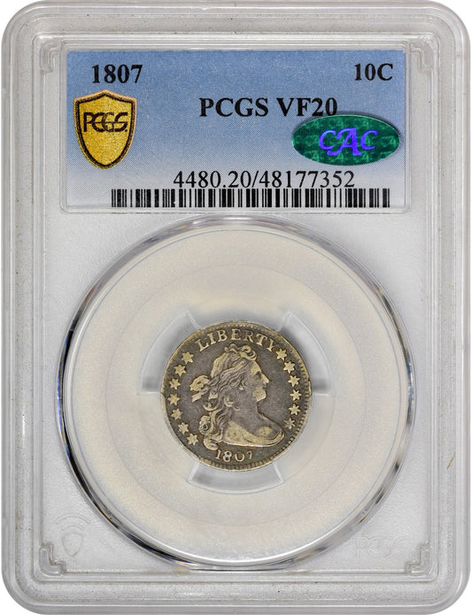 1807 10C VF20 PCGS CAC U.S. coin in a protective case with PCGS and CAC logos.