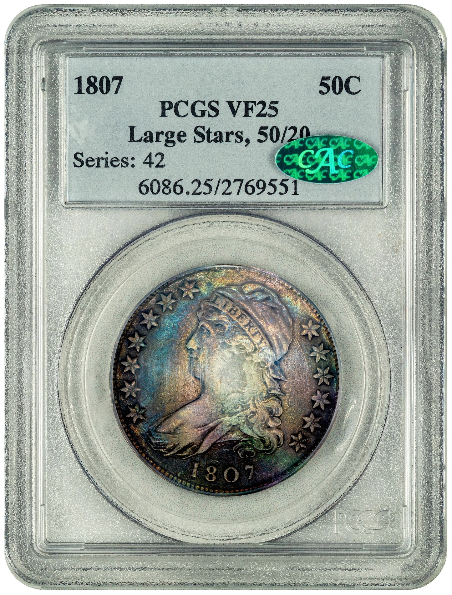 1807 50C Capped Bust Half Dollar LARGE STARS 50/20 VF25 PCGS CAC HOLDER WITH GREEN CAC STICKER