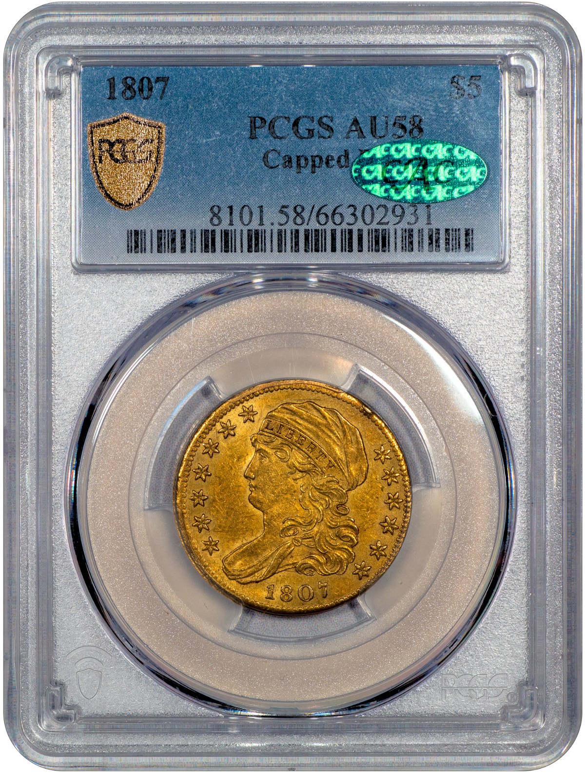 1807 $5 CAPPED BUST HALF EAGLE AU58 PCGS CAC HOLDER WITH GREEN CAC STICKER