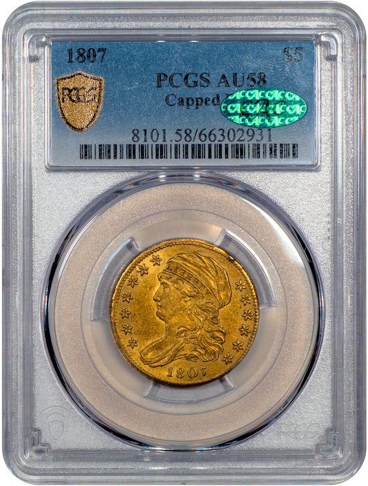1807 $5 CAPPED BUST HALF EAGLE AU58 PCGS CAC HOLDER WITH GREEN CAC STICKER
