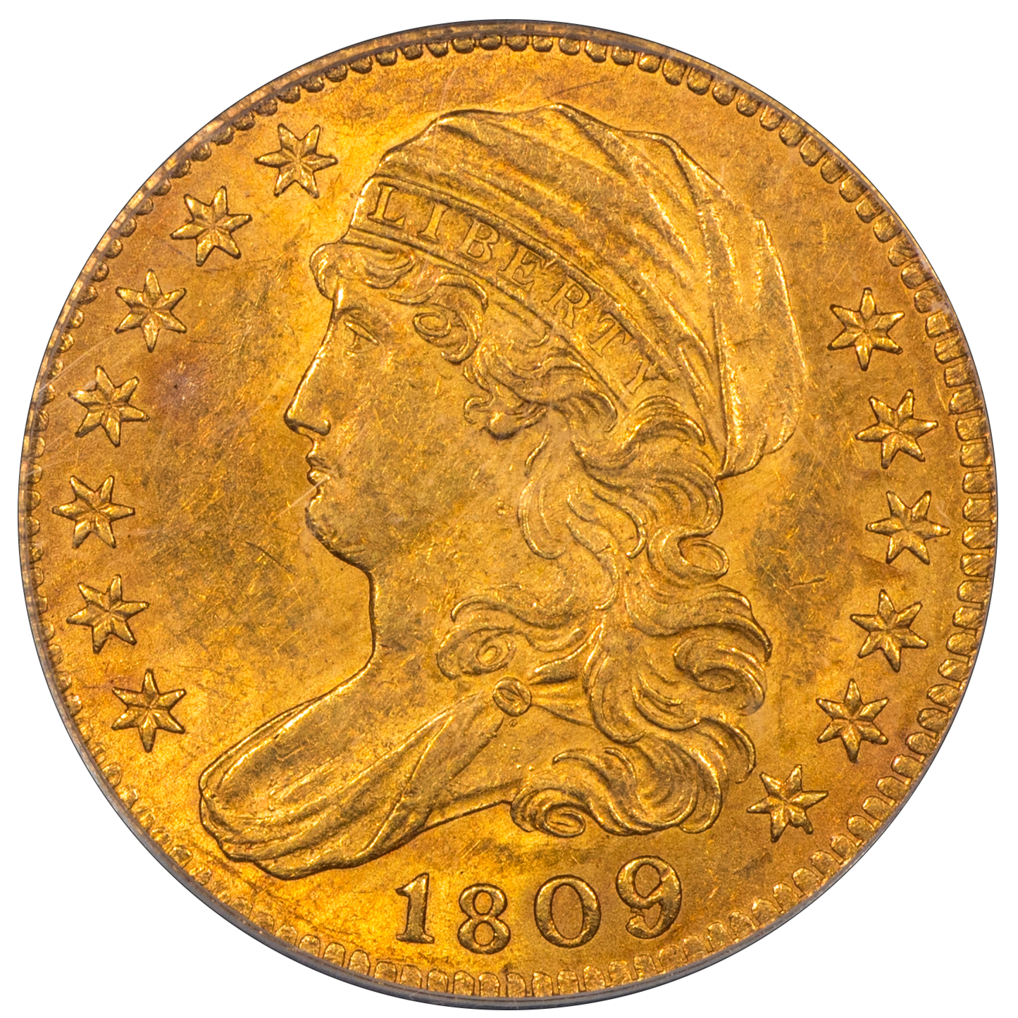 1809/8 $5 Capped Bust Left Half Eagle AU58 OGH PCGS CAC obverse