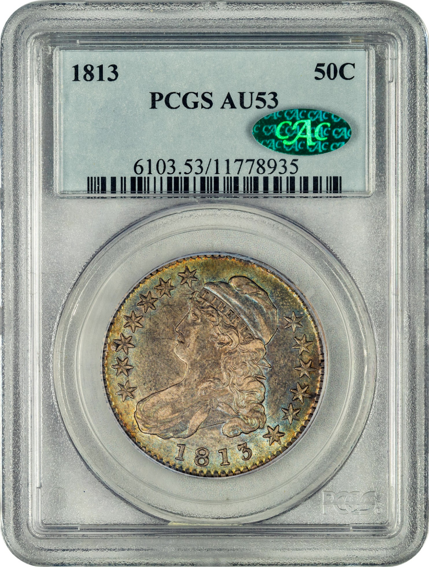 1813 50C AU53 PCGS CAC HOLDER WITH GREEN CAC STICKER