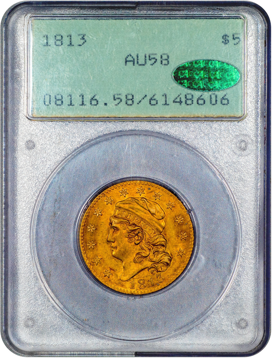 1813 Capped Bust Half Eagle $5 AU58 OGH RATTLER PCGS CAC HOLDER WITH GREEN CAC STICKER