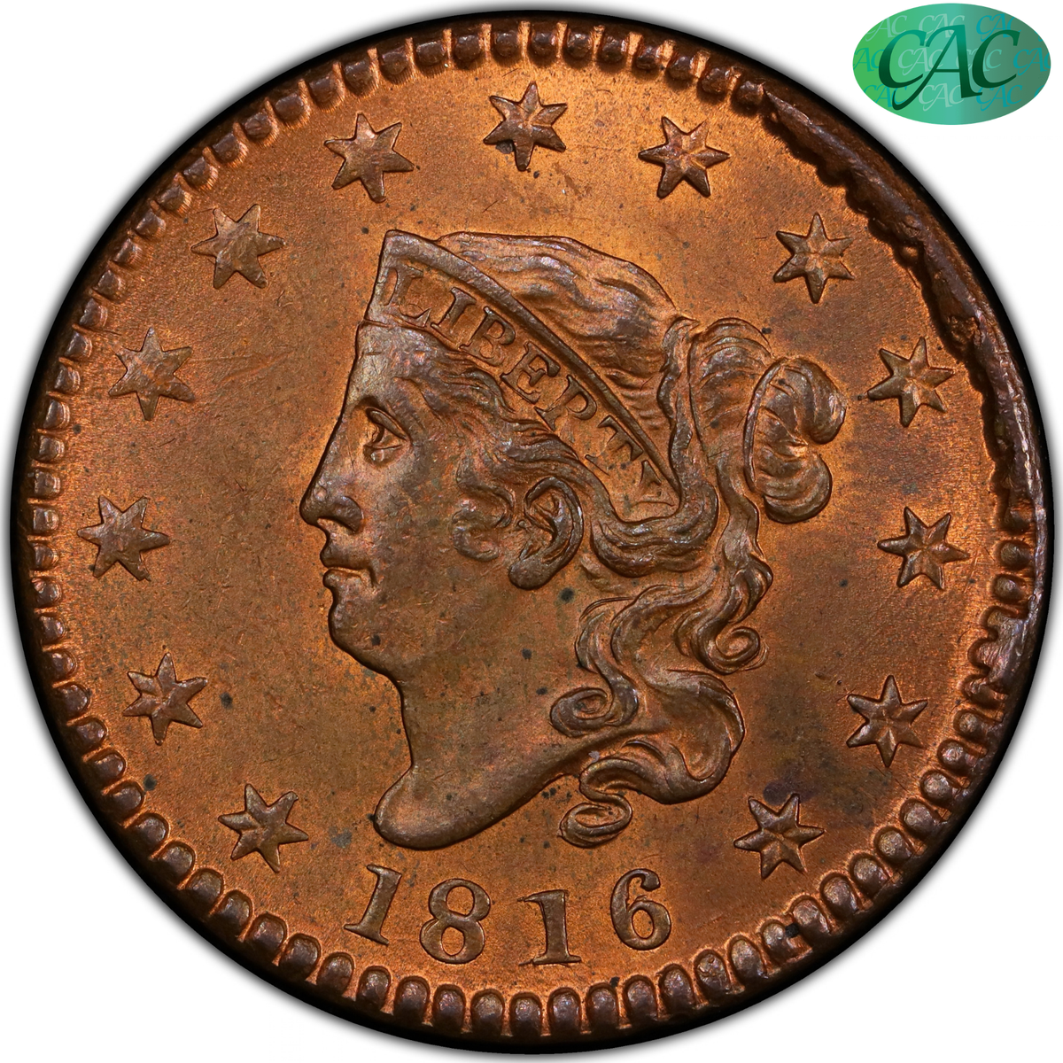 1816 Coronet Head Large Cent 1C MS64 RB PCGS CAC EX DR. TOM WACHTEL COLL