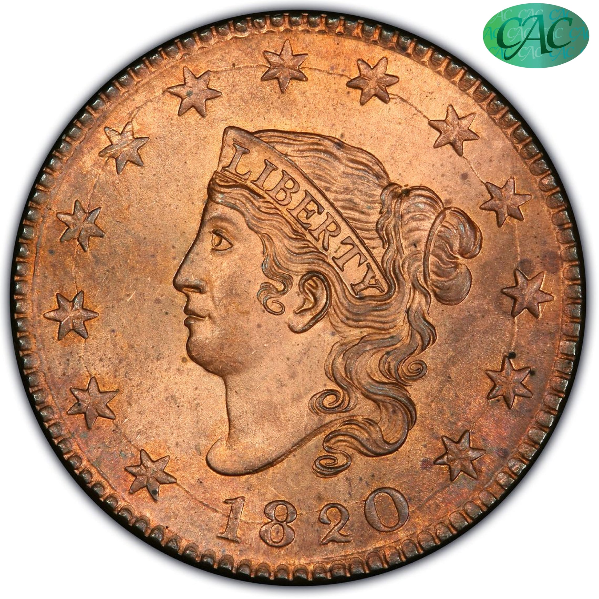 1820 1C LARGE DATE MS64 RD PCGS CAC EX NAFTZGER 1C