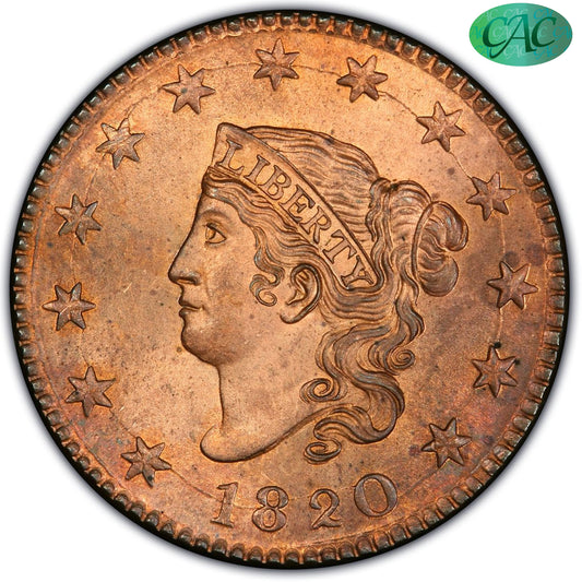 1820 1C LARGE DATE MS64 RD PCGS CAC EX NAFTZGER 1C