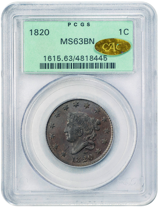 1820 1C SMALL DATE MS63 BN OGH PCGS GOLD CAC HOLDER WITH GOLD CAC STICKER