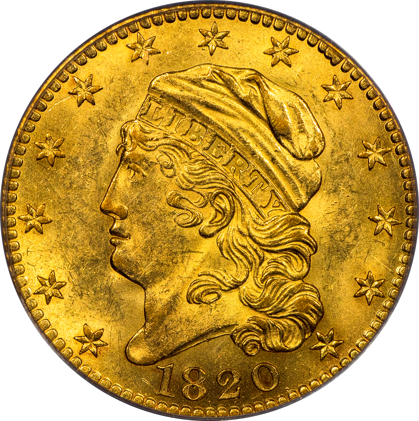 1820 $5 SQUARE BASE 2 MS62 OGH PCGS GOLD CAC