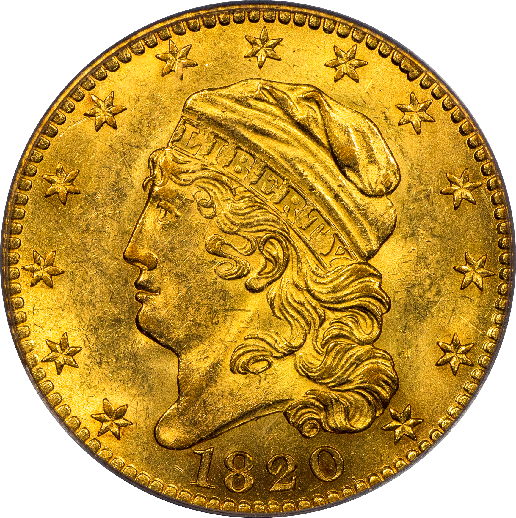 1820 $5 SQUARE BASE 2 MS62 OGH PCGS GOLD CAC
