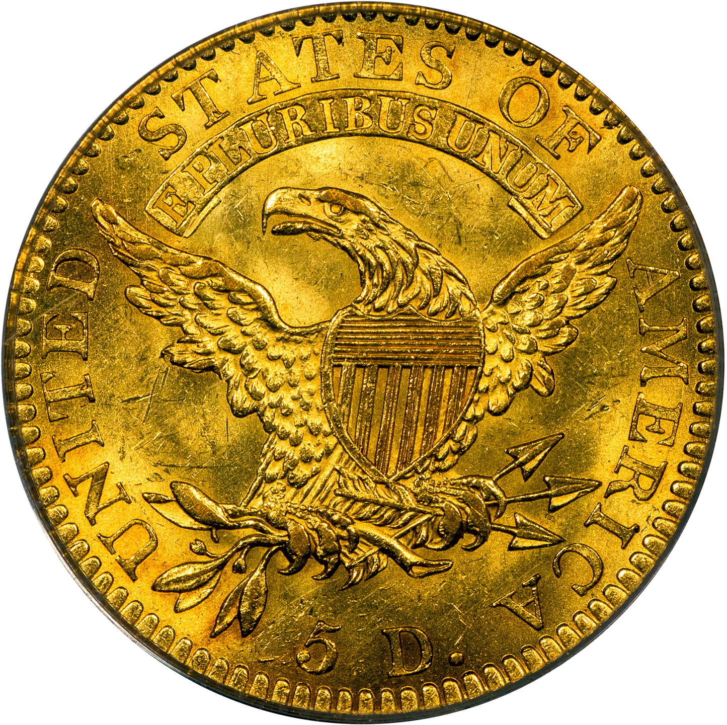 1820 $5 SQUARE BASE 2 MS62 OGH PCGS GOLD CAC REVERSE