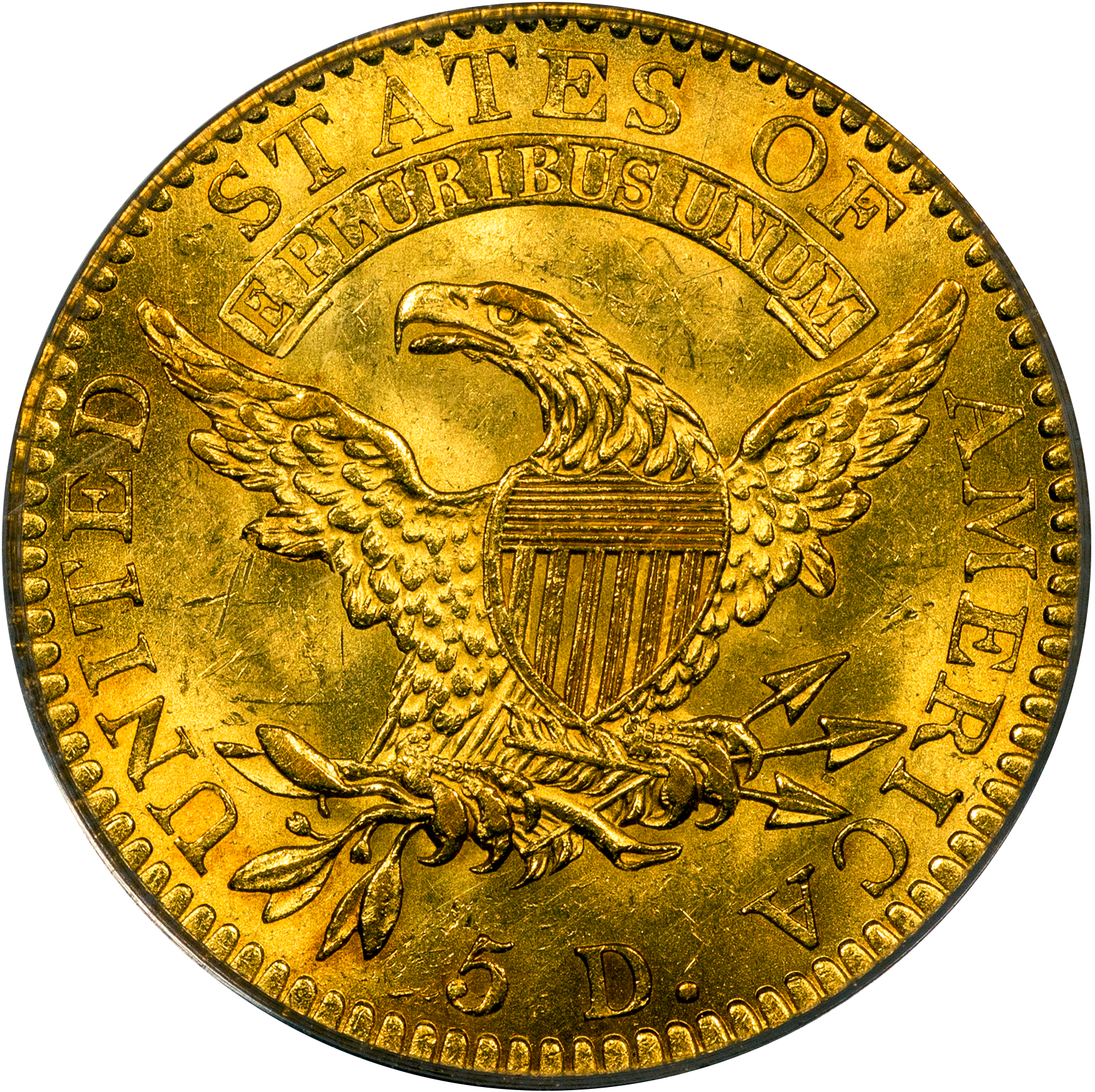 1820 $5 SQUARE BASE 2 MS62 OGH PCGS GOLD CAC REVERSE
