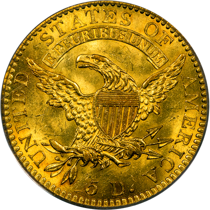 1820 $5 SQUARE BASE 2 MS62 OGH PCGS GOLD CAC REVERSE