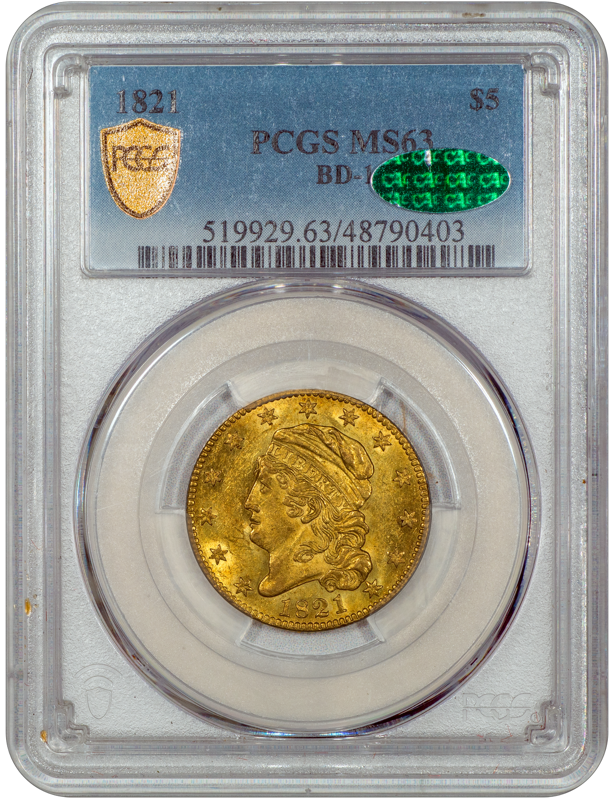 1821 $5 MS63 PCGS CAC EX CHAPMAN/ BASS